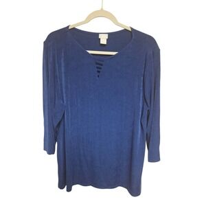 Chico's Travelers Top Women's Blue 3/‎ Size 16/18 V Neck 3/4 Sleeve Comfort